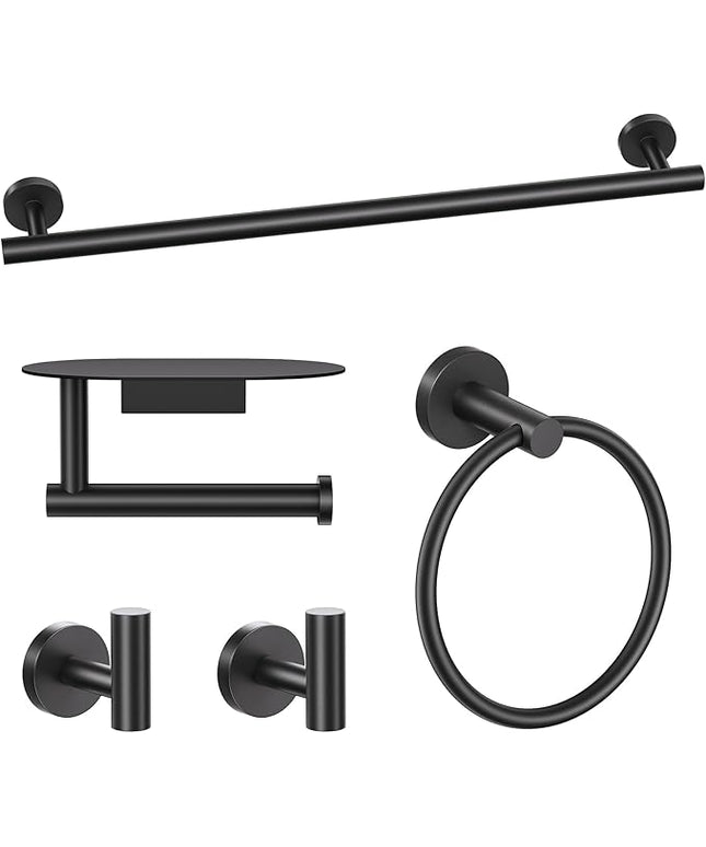 TURS Matte Black 5 Piece Bathroom Hardware Set, SUS304 Stainless Steel Bath Towel Bar Set, Bathroom Towel Rack Set Wall Mounted
