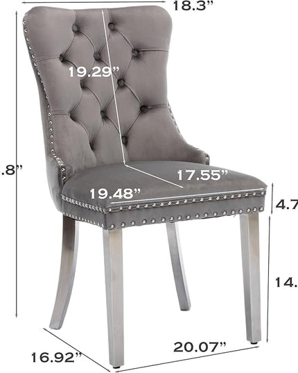 SoarFlash Velvet Dining Chairs Set of 4, Tall Back Side Chair, Modern Upholstered High-end Tufted Side Chair with Button Back Ring, Silver Legs (Grey)