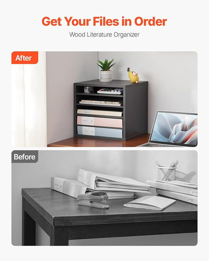 VEVOR Literature Organizer, 5 Compartments Office Mailbox with Adjustable Shelves, Wooden Mailbox Sorter Medium Density Fiberboard Office Home Classroom Storage for Files, Documents, Papers, Grey