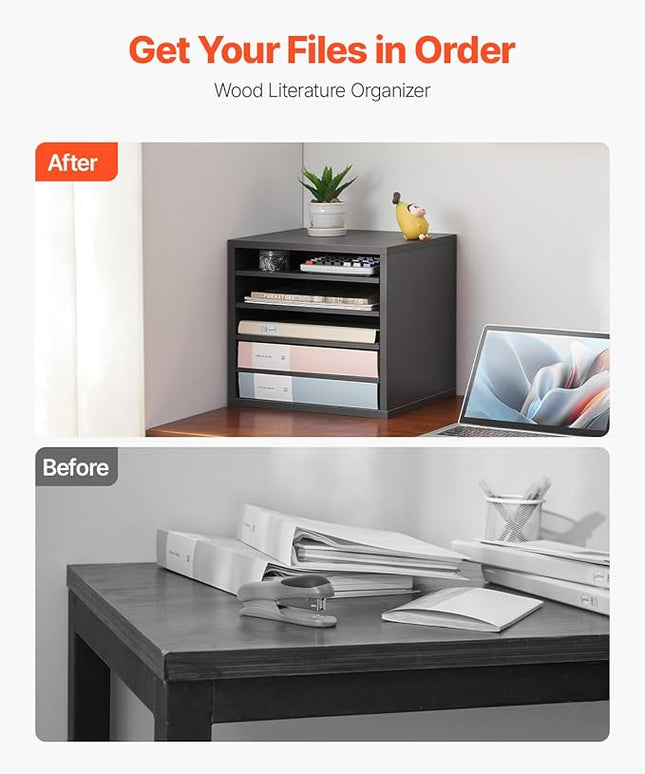 VEVOR Literature Organizer, 5 Compartments Office Mailbox with Adjustable Shelves, Wooden Mailbox Sorter Medium Density Fiberboard Office Home Classroom Storage for Files, Documents, Papers, Grey