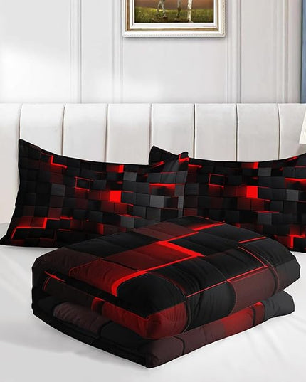 Geometric Red Black Comforter Set,Light Honeycomb 3 Piece Bedding Set Twin for Teen Boys,Modern Bedding Quilt Set Geometry Decor,Microfiber Lightweight 1 Comforter 2 Pillowcases All Season