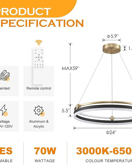 Modern LED Pendant Light 23.6" Black Gold Dimmable Circular LED Chandelier 1 Ring with Remote, Round Hanging Light for Kitchen Island Dining Room Living Room Foyer Entryway, 2-Ring Lighting