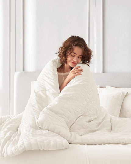 MUXHOMO 7 Pieces Full Comforter Set, Seersucker Bed in a Bag Full Size, All Season Luxury Bedding Set with Comforter, Flat Sheet, Fitted Sheet, Pillowcases & Shams, Ivory