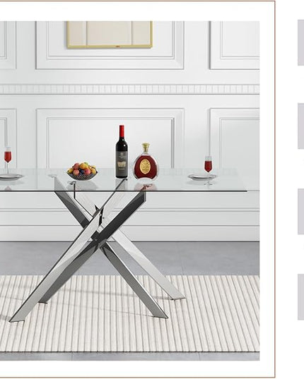 7 Piece Glass Dining Table Set, Glass Kitchen Dining Room Table Set for 6, Modern 51" Rectangular Silver Glass Metal Dining Table with 6 Black Leather Dining Chairs for Kitchen Dining Room