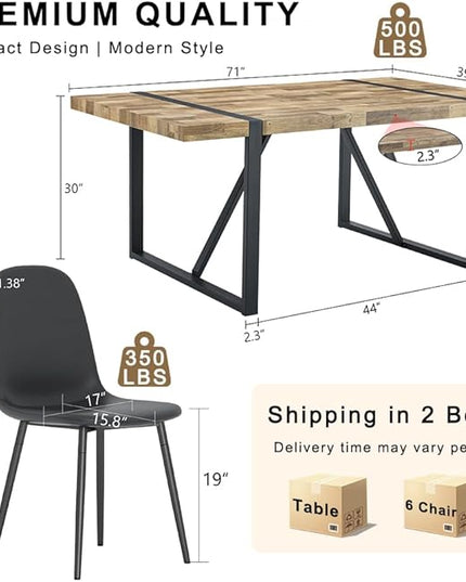FURNITO Wood Dining Table Set for 6, 71" Large Rectangular Kitchen & Dining Room Table with 6 PU Leather Chairs, Modern Farmhouse Dining Set for Home, Living Room, Office, or Conference Room