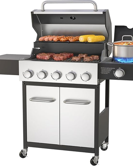 Veralune 5 Burner Propane Gas Grill with Side Burner & Porcelain-Enameled Cast Iron Grates, 68,000 BTU Output Professional Grade Stainless Steel Outdoor BBQ Grill for Backyard, Patio, Garden Cooking