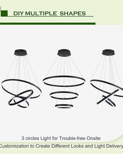 3-Rings D23.6 Modern LED Chandelier Black Dimmable Pendant Lighting with Remote Control Circular Flush Mount High Ceiling Light for Dining Room Living Room Bedroom Entrance Foyer, 3000K-6500K
