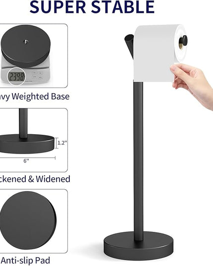 Toilet Paper Holder Free Standing, Matte Black Toilet Paper Stand 21.7" H, Stainless Steel Tissue Roll Holder for Bathroom, Heavy Weighted Base