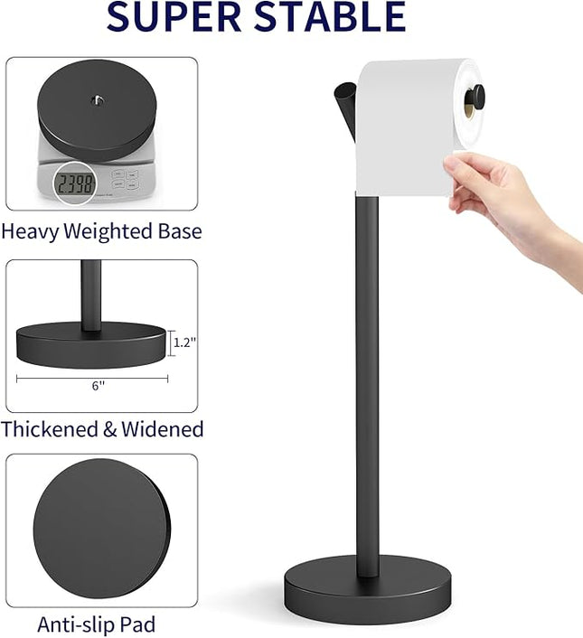 Toilet Paper Holder Free Standing, Matte Black Toilet Paper Stand 21.7" H, Stainless Steel Tissue Roll Holder for Bathroom, Heavy Weighted Base