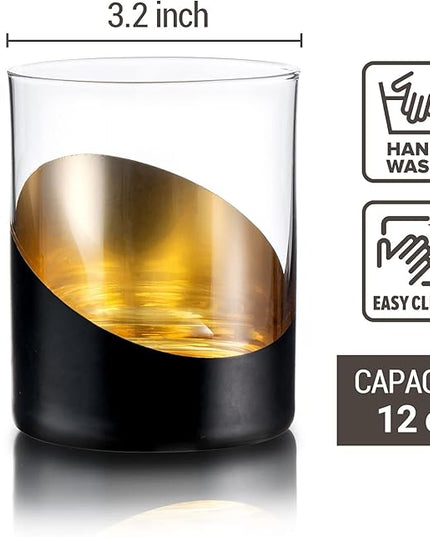 MyGift 12 oz Set of 4 Matte Black Drinking Glasses with Metallic Gold Tone Interior Finish, Double Old Fashioned Cocktail Whiskey Rocks Wine Glass