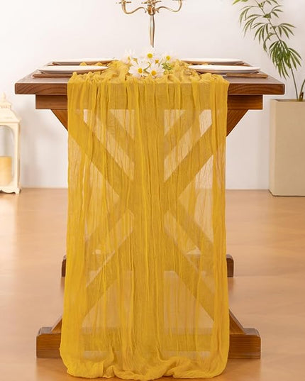 Socomi 3pcs Gold Yellow Christmas Cheesecloth Table Runner Boho Rustic Gauze 120 inch 10FT Cheese Cloth Runner for Wedding Party Baby Shower Birthday Home Decor Holiday Decorations