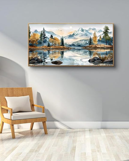 ERQINHUA Large Canvas Wood Framed Abstract Wall Art Living Room Wall Decor for Bedroom Office Decoration Watercolour Paint Tree Lakeside Landscapes Picture Artwork Home Decor Ready to Hang 30x60 In