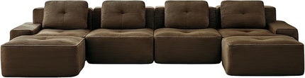 Hommoo 153" Oversized Sectional Sofa, Modular U Shaped Couch with Ottoman, Comfy Corduroy Couches with Deep Seat, 6 Seat Convertible Boneless Sofa for Living Room No Assembly Required Brown