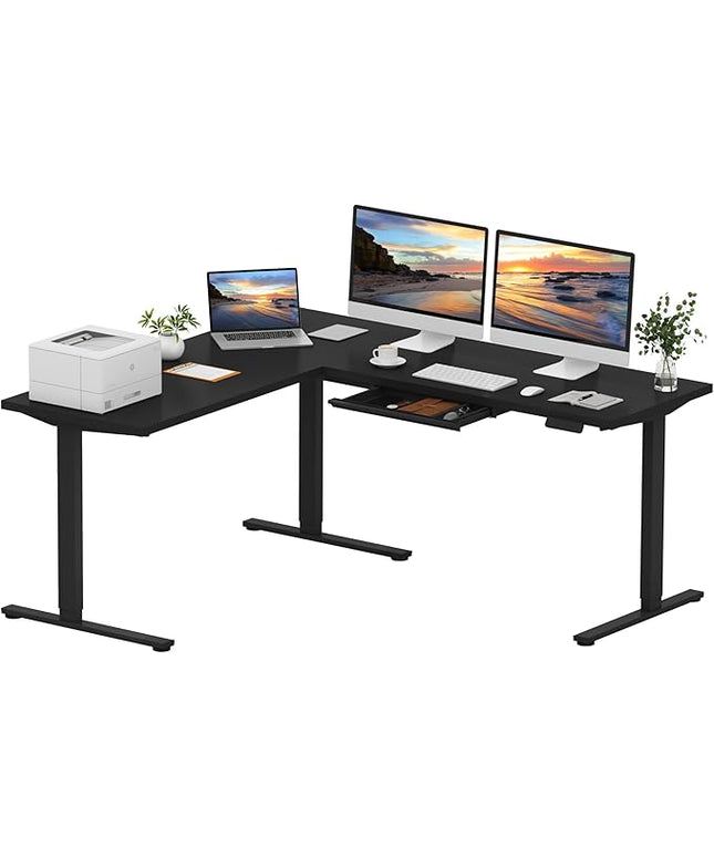 SANODESK L Shaped Electric Standing Desk with Drawer, 71 Inch Ergonomic Adjustable Height Desk with Storage, Corner Desk Sit Stand up Computer Table for Work Office Home, Black