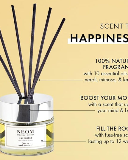 NEOM Happiness Reed Diffuser, 3.38fl oz | Uplifting Scent | Neroli, Mimosa & Lemon Essential Oil Blends| 100% Natural Fragrance | Scent to Make You Happy…