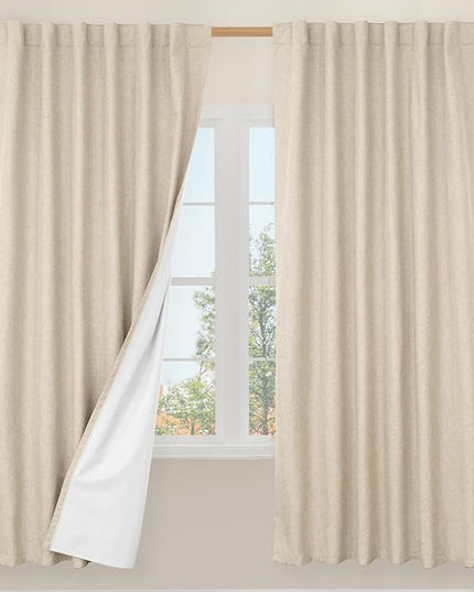 LAMIT 100% Blackout Natural Linen Curtains, 72 Inches Linen Textured Thermal Bedroom Curtains Back Tab and Rod Pocket Neutral Panels with White Liner for Farmhouse, 2 Panels, 52 x 72 Inch
