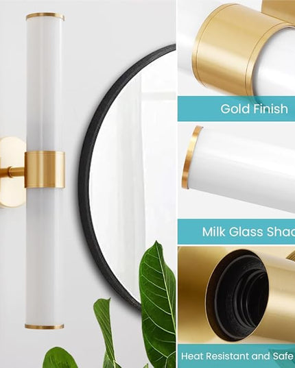 Gold Bathroom Light Fixtures, Vanity Lights for Mirror with Milk Glass Shade, 20 Inch Up and Down Wall Sconces for Bathroom Bedroom Living Room Hallway - Bulb Not Included