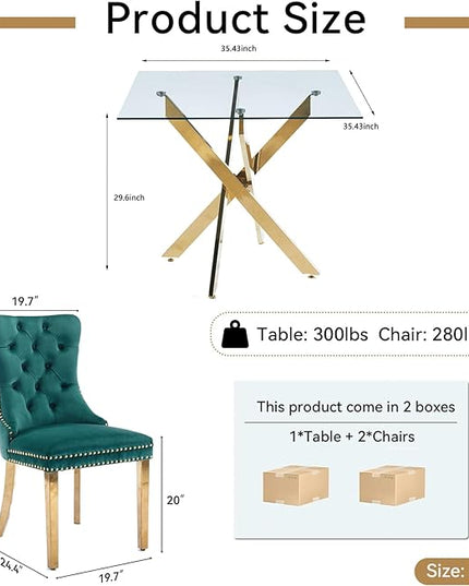 Glass Dining Table Set for 2, Square 36" Dining Table with Gold Cross Metal Leg, 2 Green Velvet Dining Chairs with Stainless Steel Legs, Modern Glass Kitchen Table and Chairs Set for Small Space