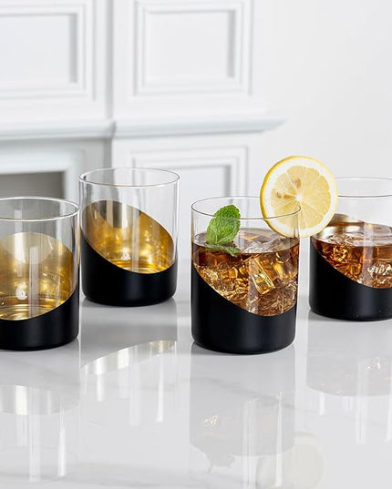 MyGift 12 oz Modern Cocktail Glasses with Slanted Matte Black and Gold Tone Plated Design, Angled Dipped Design Double Old Fashioned Lowball Whiskey Rocks Drinking Glass, Set of 6