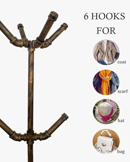 Industrial Coat Rack, Metal Pipe Coat Rack Stand Freestanding with 6 Hooks, Heavy Duty Coat Tree Sturdy Coat Racks for Entryway, Hallway, Bedroom (Vintage gold)