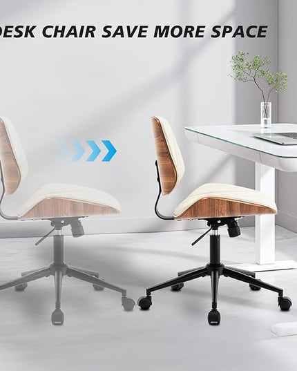 Armless Desk Chair with 360°Swivel Wheels, Ergonomic Adjustable Height Computer Chair for Home Office,PU Leather with Modern Walnut Drafting Chairs for Office, Reading Nook(Beige)
