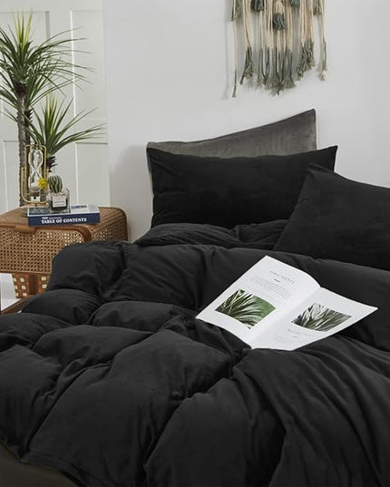 Houseri Black Velvet Comforter Set - Full Size, Fluffy Bedding Sets with Fuzzy Comforter, Sherpa Comforter, Soft Warm Comfy Flannel Comforters