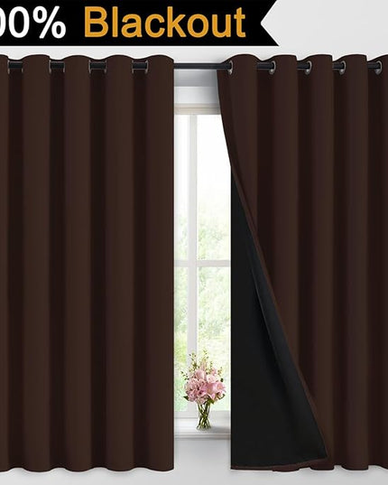 Yakamok 100% Blackout Curtains for Bedroom, 2 Thick Layers Thermal Insulated Grommet Total Blackout Drapes with Black Liner for Living Room (62Wx63L,Chocolate Brown, 2 Panels)
