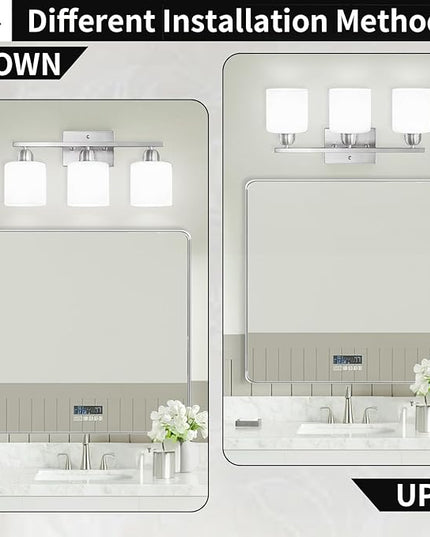 Brushed Nickel Bathroom Light Fixture, 3 Light Vanity Lights for Bathroom, Bath Lights with Milky White Frosted Glass Shades, E26 Socket