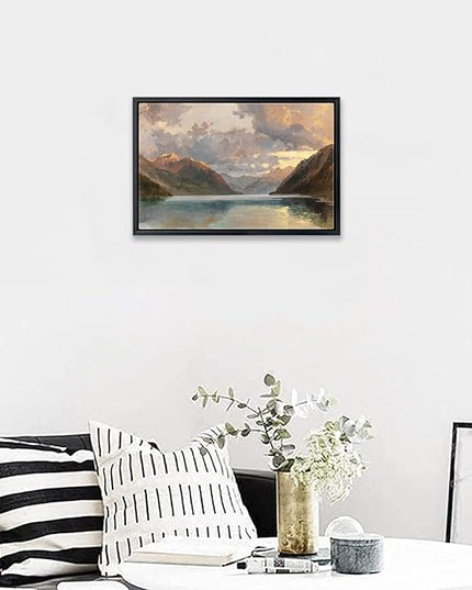 Aubeeba Lake Wall Art Framed Mountain Scenery Picture Prints，Vintage Landscape Wall Art Canvas Painting for Living Room And Home Decor 12x16 inches