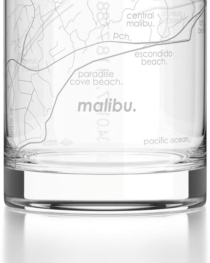 Well Told Engraved Malibu California Map Rocks Glass, Old Fashioned Glassware (11 oz, Clear) Etched Bourbon Tumbler, Gifts For Whiskey Lovers