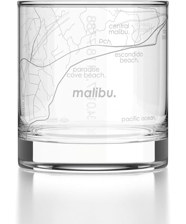Well Told Engraved Malibu California Map Rocks Glass, Old Fashioned Glassware (11 oz, Clear) Etched Bourbon Tumbler, Gifts For Whiskey Lovers