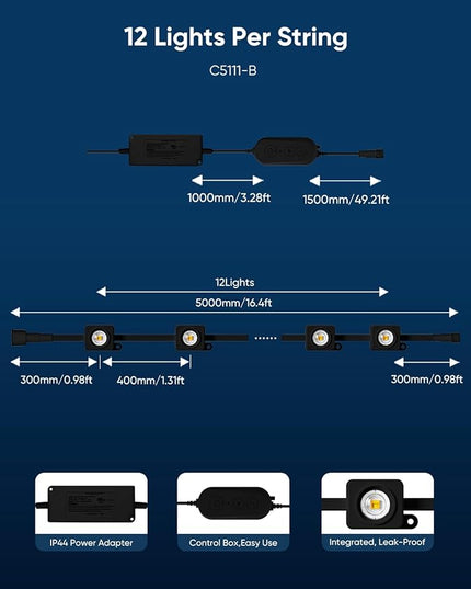 APPECK Permanent Outdoor Lights 200ft with 144 LED Lights, 72W Smart RGBW Eaves Lights, DC 36V, 40LM, IP67 Waterproof String Lights for Halloween Christmas Decor, Compatible with Alexa, Black