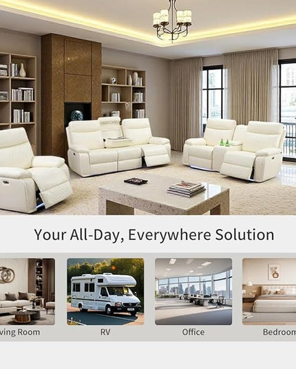 Power Recliner Chair Set, Leather Reclining Sectional Couch with Adjustable Angle, Living Room Furniture Sets, Modern Reclining Single Chair with Comfy Armrests for RV, Vanilla White