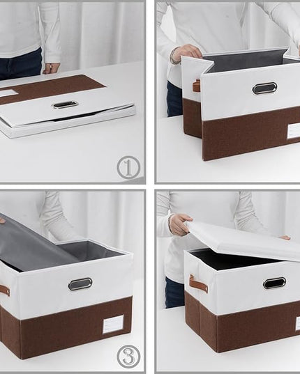 PRANDOM Foldable Storage Bins with Lids [3-Pack] Fabric Collapsible Storage Boxes Baskets Cubes Containers with Handles for Closet Living Room Bedroom (Brown & White 17.7x11.8x11.8'')