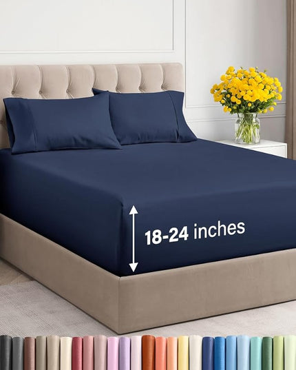 Extra Deep Twin Sheet Set - 4 Piece Breathable & Cooling Sheets - Hotel Luxury Bed Sheets Set - Easy & Secure Fit - Soft, Wrinkle Free & Comfy Sheets Set - Navy Blue Sheet Set with Extra Deep Pockets