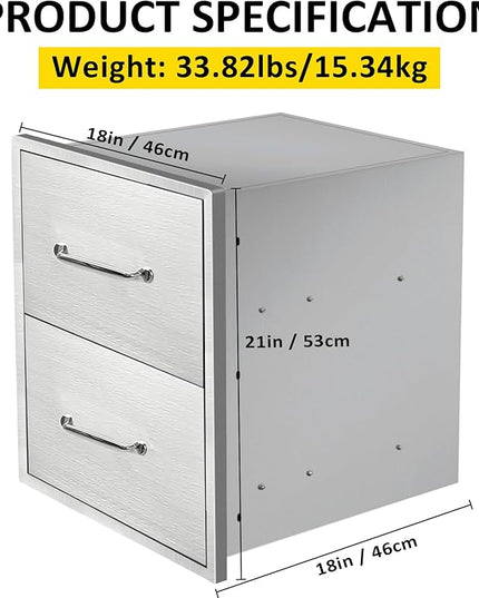 Outdoor Kitchen Drawers 18" W x 21" H x 18" D Flush Mount Double BBQ Drawers with Chrome Handle Stainless Steel Drawer for Outdoor Kitchen Island, Patio Grill Station