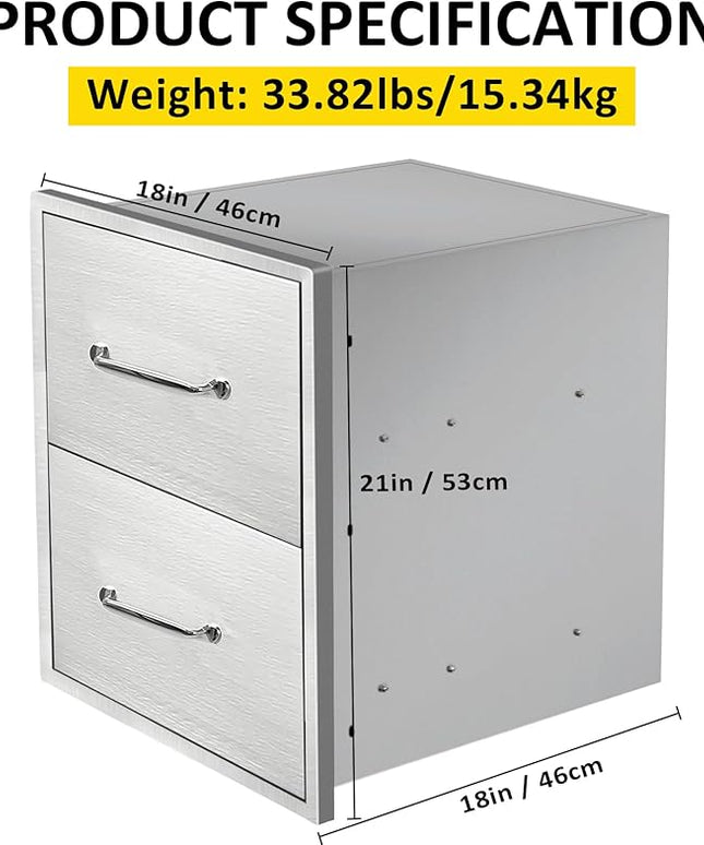 Outdoor Kitchen Drawers 18" W x 21" H x 18" D Flush Mount Double BBQ Drawers with Chrome Handle Stainless Steel Drawer for Outdoor Kitchen Island, Patio Grill Station
