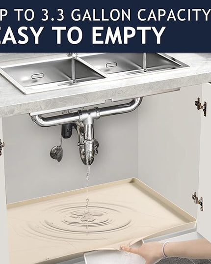 Heavy Duty Silicone Under Sink Mat for Kitchen&Bathroom 25" x 19",Waterproof Under Sink Rubber Mat Drip Tray, Raised Edge Under Sink Liner,Prevent Drips, Leaks, Spills,Beige