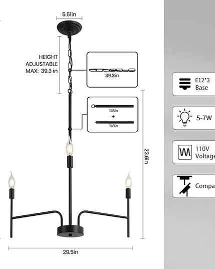 Black Chandelier 3 Light Modern Farmhouse Chandeliers for Dining Room Light Fixture, 30" Round Candle Chandeliers for High Ceilings Living Room Foyer Entryway