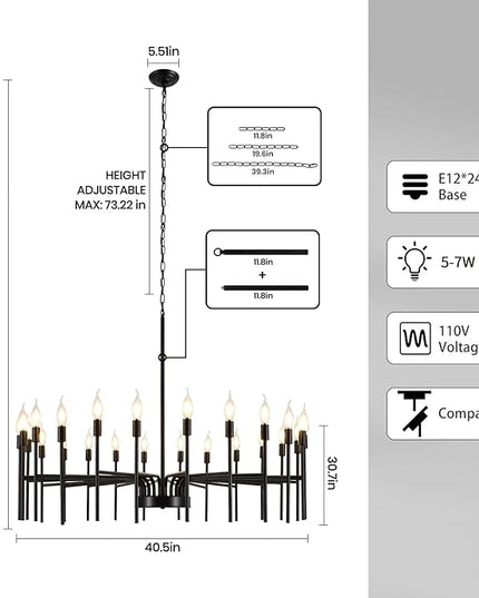 Black Chandelier 24 Light Large Modern Farmhouse Chandeliers for Dining Room Light Fixture, 40" Round Candle Large Chandeliers for High Ceilings Living Room Foyer Entryway