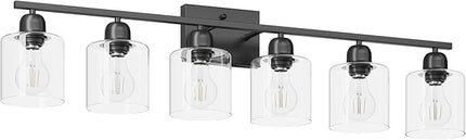 Bath Vanity Lights For Mirror, Restroom Lights Fixtures With Milky White Frosted Glass Shades,Bathroom Over Sink Light Fixtures, Bathroom Light Fixtures Over Mirror (Black with clear glass, 6-Light)