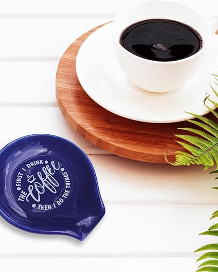 Funny Coffee Quote First I Drink The Coffee Then I Do The Things Ceramic Spoon Holder-Navy Blue Coffee Spoon Rest -Cafe Station Bar Accessories