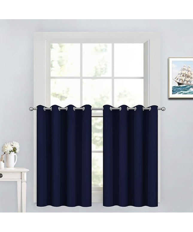 Yakamok 36 Inch Blackout Curtains for Kitchen, Sunlight Block Energy Saving Drapes for Bedroom Bathroom Room Darkening Window Treatment Panels, Navy Blue, 52Wx36L, 2 Panels