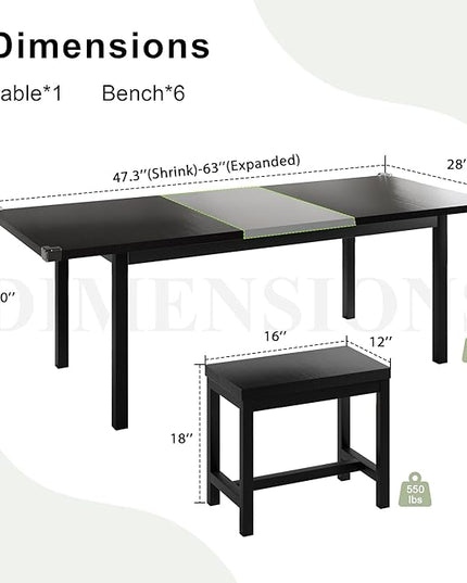 Feonase 7-Piece Dining Table Set with 6 Stools, 63" Large Extendable Kitchen Table Set for 4-8, Mid-Century Dining Room Table with Heavy-Duty Frame, Easy Assembly, Black