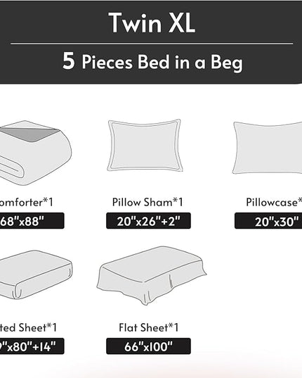 MUXHOMO 5 Pieces Twin XL Comforter Set, Reversible Bed in a Bag Twin XL Size, All Season Bedding Set with Comforter, Flat Sheet, Fitted Sheet, Pillowcases & Shams, Beige & White