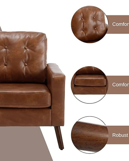 PU Accent Arm Chair with Tufted Back, Faux Leather Comfy Upholstered Single Sofa, Mid Century Modern Side Club Chair with Wood Legs for Reading/Living Room/Bedroom, Caramel