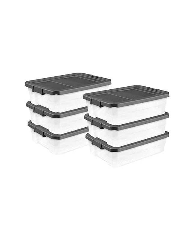 Sterilite 6-Pack Modular Stacker Box, Durable Clear Plastic Storage Bins with Latching Lids, 40 Quart - Stackable Organizing Container Boxes for Closet, Bathroom, and Office