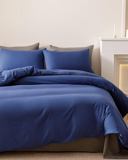 Houseri Royal Blue Comforter Set Queen Neutral Navy Bedding Men Women Japanese Style Solid Blue Vintage Farmhouse Bed Sets Queen Size