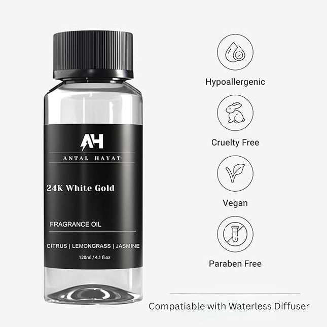 24K Diffuser Essential Oil Scent - Luxury Hotel Inspired Aromatherapy Scent Diffuser Oil - Hints of Zesty Citrus, Floral Jasmine, & Delicate Lily - for Essential Oil Diffusers - 120mL