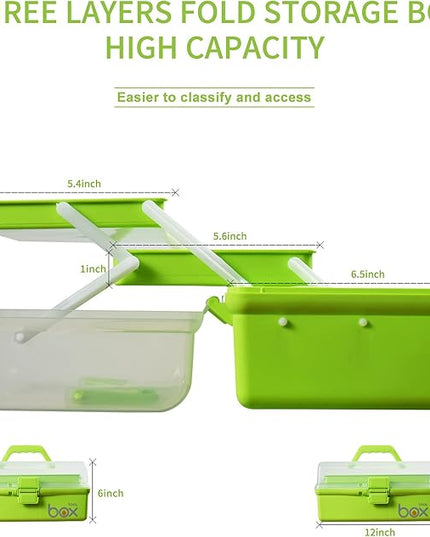 12in 3-Layer Plastic Craft Organizers and Storage, Portable Folding Tackle Box with Handle & Adjustable Dividers, Multipurpose Case for Sewing, Art Supplies, Medicine, Tools (Green)
